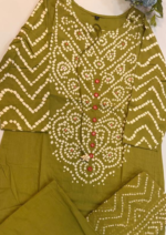 Olive Green Bandhani Print Salwar Suit Material - Image 3