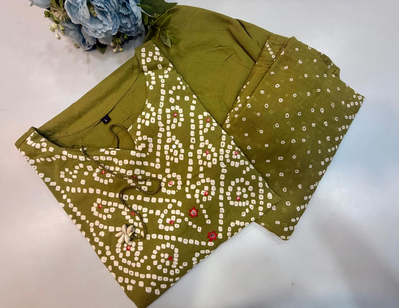 WhatsApp Image 2026-06-13 at 10.52.56 PM (1) Olive Green Bandhani Print Salwar Suit Material - Image 1