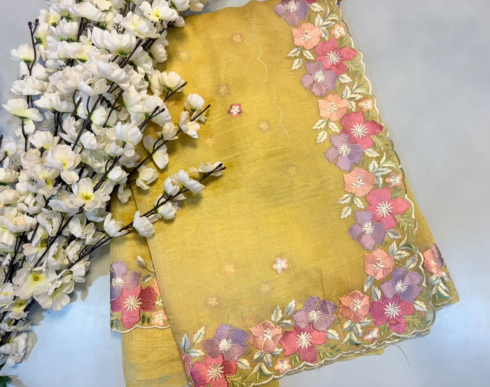 WhatsApp Image 2026-06-22 at 6.10.26 PM (1) Yellow Floral Embroidery Saree - Image 1