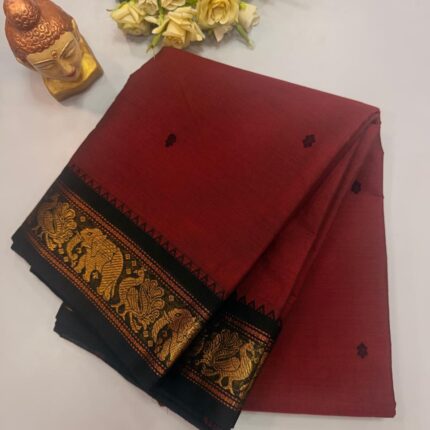 Maroon Cotton Silk Saree with Black Elephant Zari Border