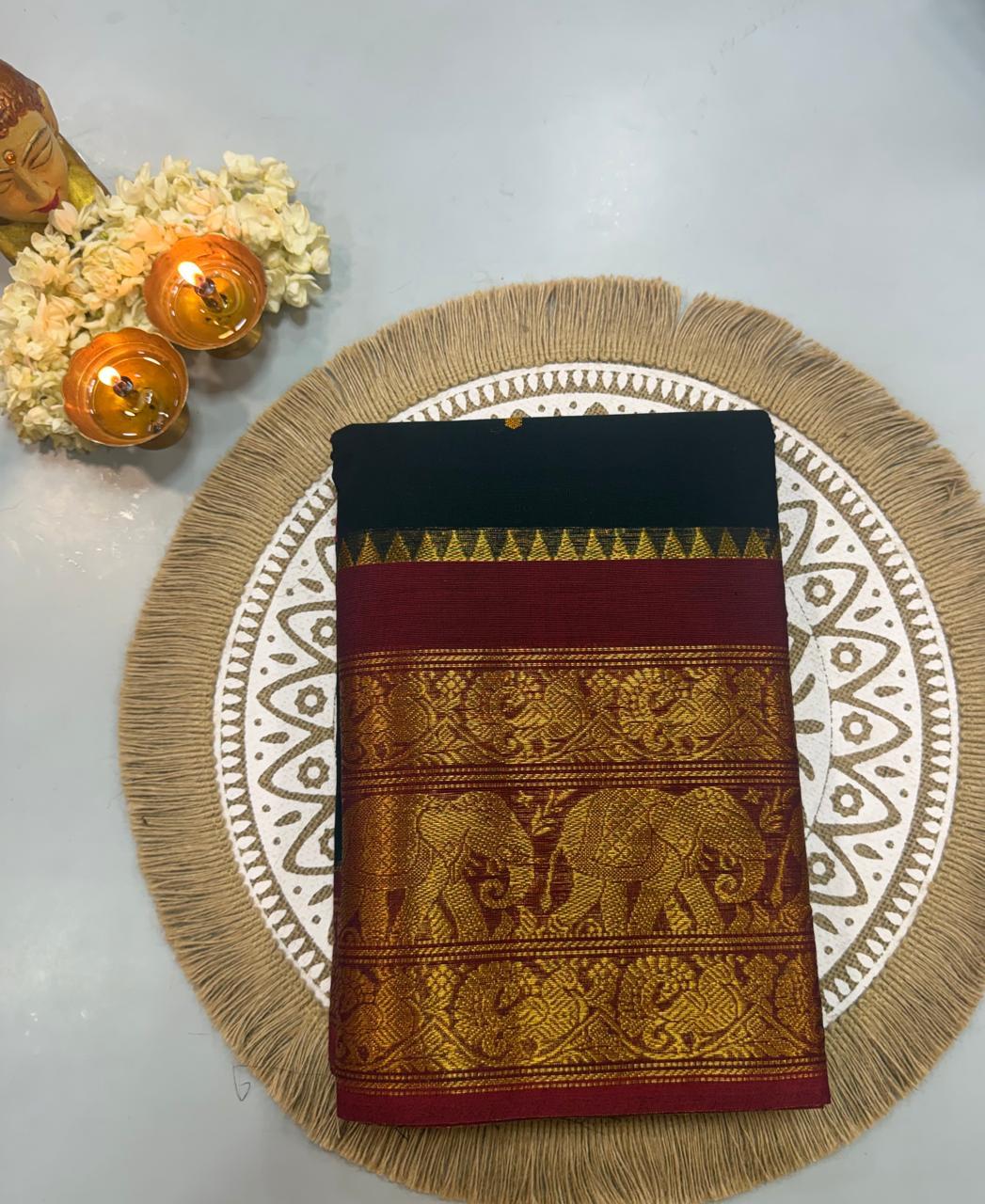 WhatsApp Image 2026-07-31 at 12.57.46 PM (2) Black Cotton Silk Saree with Maroon Elephant Zari Border - Image 1