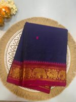 Navy Blue Cotton Silk Saree with Maroon Elephant Zari Border - Image 2