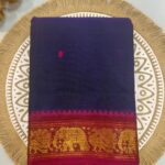 Navy Blue Cotton Silk Saree with Maroon Elephant Zari Border