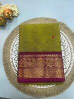 Olive Green Cotton Silk Saree with Magenta Zari Border
