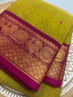 Olive Green Cotton Silk Saree with Magenta Zari Border - Image 3
