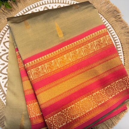 Beige Cotton Silk Saree with Pink Zari Border
