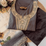 Elegant Grey Embroidered Kurta Set with Floral Printed Dupatta