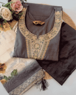 Elegant Grey Embroidered Kurta Set with Floral Printed Dupatta