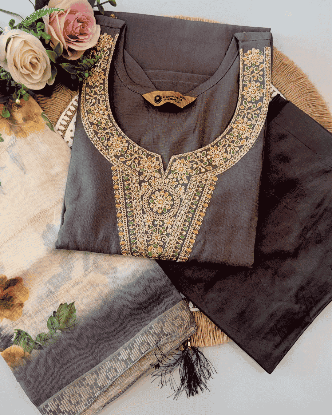 Untitled design (4) Elegant Grey Embroidered Kurta Set with Floral Printed Dupatta - Image 1