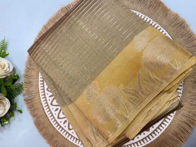 Olive Green Tussar Silk Saree with Golden Lotus Zari Border