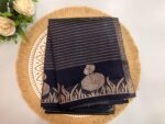 Black Tussar Silk Saree with Golden Lotus Zari Border