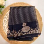 Black Tussar Silk Saree with Golden Lotus Zari Border