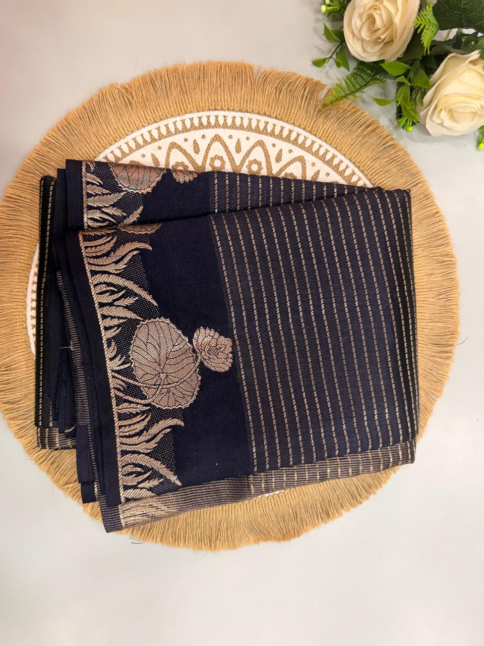 WhatsApp Image 2026-07-31 at 7.23.47 PM Black Tussar Silk Saree with Golden Lotus Zari Border - Image 1