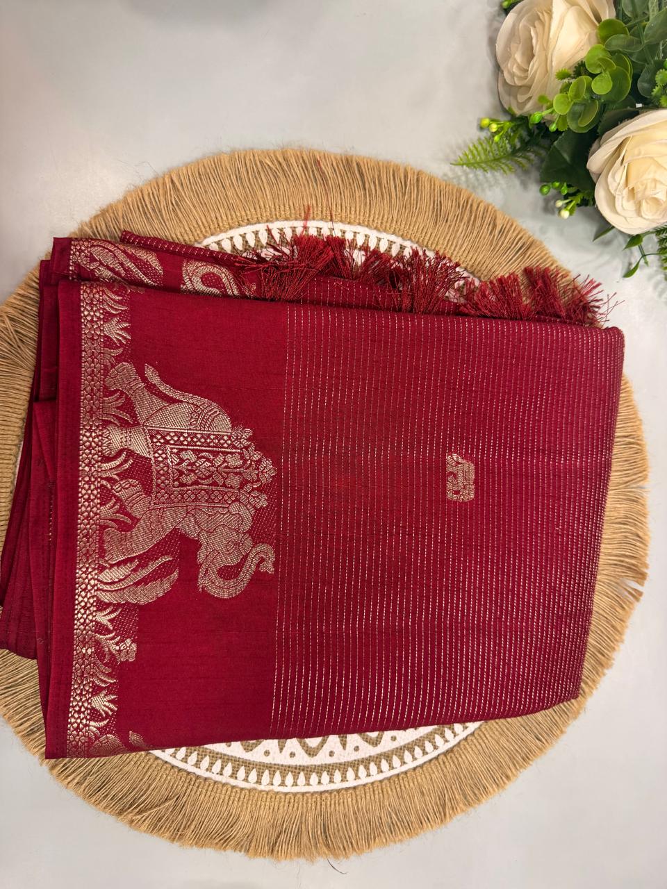 WhatsApp Image 2026-07-31 at 7.28.03 PM Maroon Tussar Silk Saree with Elephant Zari Border - Image 1