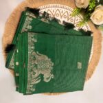 Green Tussar Silk Saree with Silver Zari Elephant Border