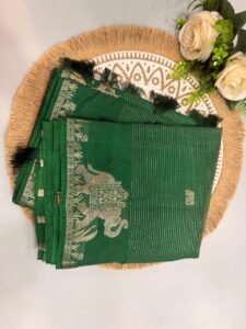 Green Tussar Silk Saree with Silver Zari Elephant Border