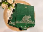 Green Tussar Silk Saree with Silver Zari Elephant Border