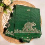 Green Tussar Silk Saree with Silver Zari Elephant Border