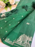 Green Tussar Silk Saree with Silver Zari Elephant Border - Image 2