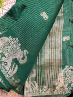 Green Tussar Silk Saree with Silver Zari Elephant Border - Image 3