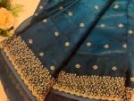 Teal Blue Organza Saree with Heavy Floral Embroidery & Sequins Work