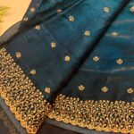 Teal Blue Organza Saree with Heavy Floral Embroidery & Sequins Work