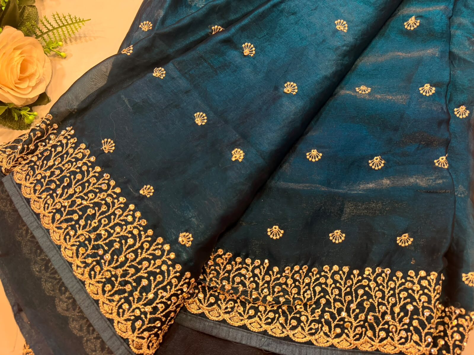 WhatsApp Image 2026-08-03 at 8.59.56 PM Teal Blue Organza Saree with Heavy Floral Embroidery & Sequins Work - Image 1