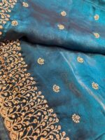 Teal Blue Organza Saree with Heavy Floral Embroidery & Sequins Work - Image 2