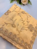 Cream Organza Saree with Mirror Embroidery Work - Image 2