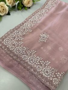 Baby Pink Organza Saree with Heavy Floral Embroidery Work