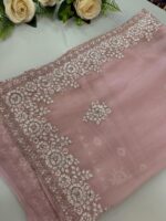 Baby Pink Organza Saree with Heavy Floral Embroidery Work - Image 2