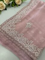 Baby Pink Organza Saree with Heavy Floral Embroidery Work - Image 3