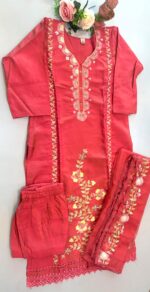 Coral Pink Embroidered Salwar Suit Set - Image 2