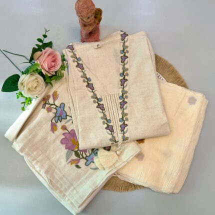 Off-White Floral Embroidered Cotton Suit Set