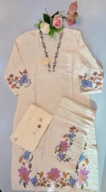 Off-White Floral Embroidered Cotton Suit Set - Image 3