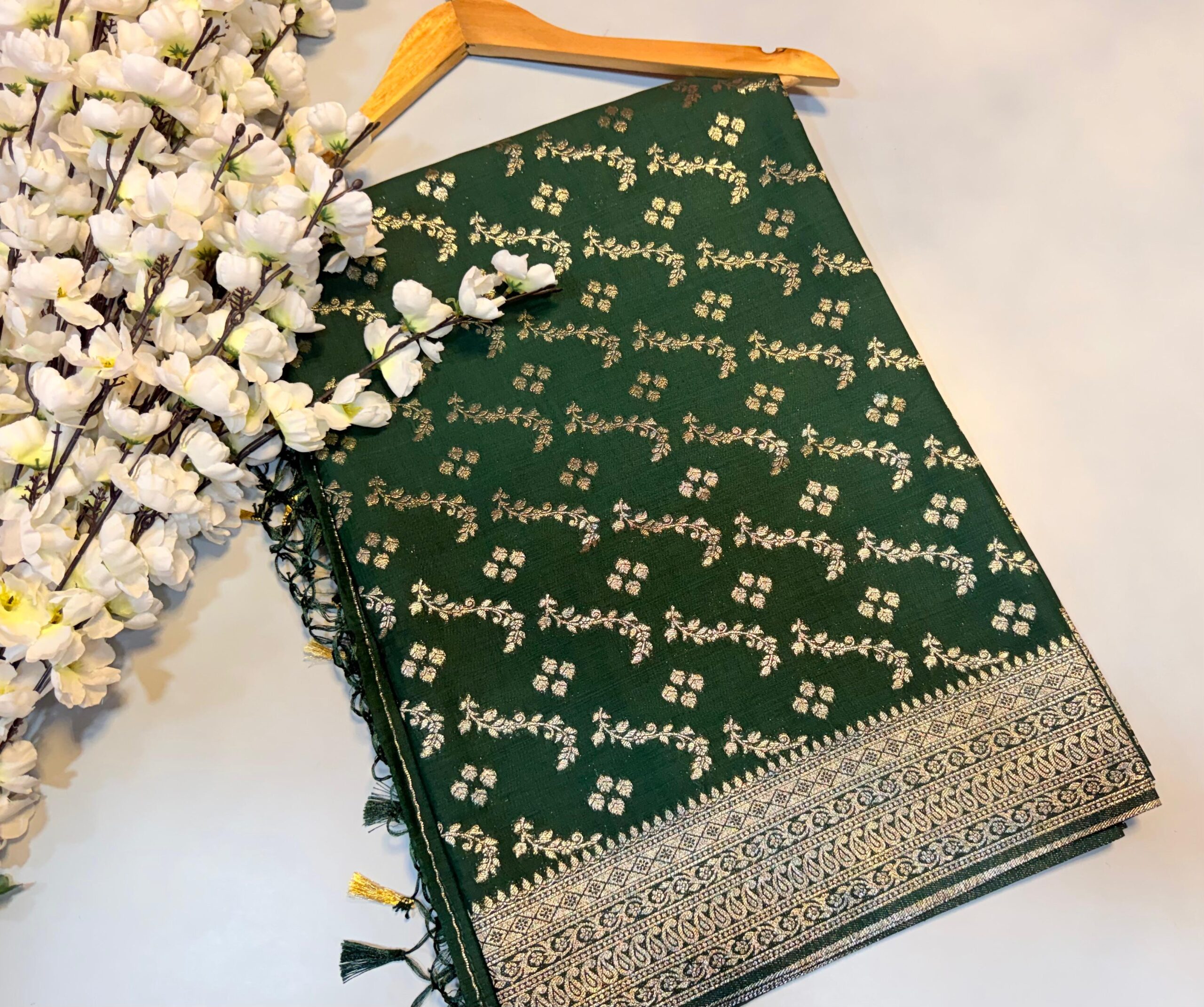 WhatsApp Image 2026-08-22 at 2.33.22 PM (2) Dark Green Golden Zari Saree - Image 1